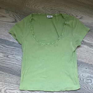 green basic top with open chest